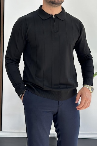 Erkek Yarım Fermuarlı Polo Yaka Mevsimlik Kazak Siyah Edw195 Siyah