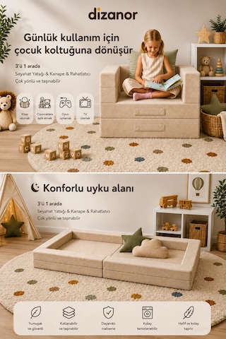 Cozygo Katlanabilir Çocuk Koltuğu Ve Yatağı 3 Ü 1 Arada Antislip Tabanlı Taşınabilir Oyun Alanı Bej