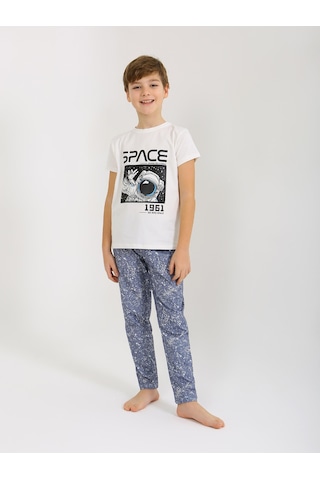 Vitmo Erkek Çocuk Kısa Kollu %100 Pamuklu Pijama Takımı Go Space Ekru