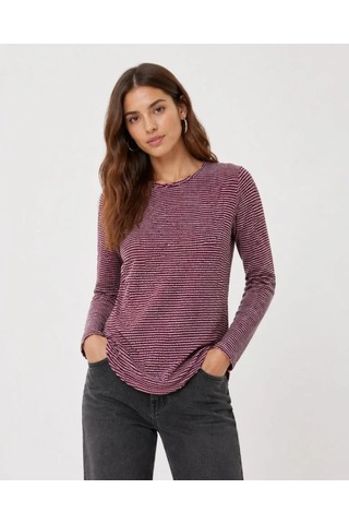 Defymoda Dokulu Çizgili Uzun Kollu Tişört Oval Kesim Basic Rahat Kalıp Bluz - Bordo