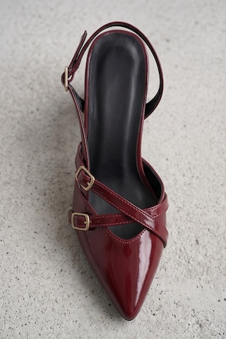 Mary Jane Bordo Rugan Çapraz Tokalı Slingback - Sivri Burun Alçak Kare Topuklu Elegant Kadın Ay...