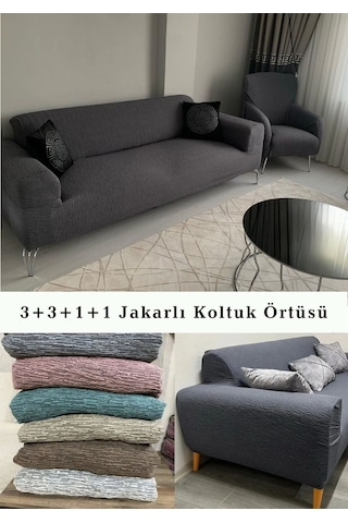 Upmall Jakarlı Koltuk Kanepe Kılıfı Çekyat Örtüsü 3+3+1+1 Antrasit
