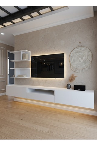 Resital Ledli Duvara Monte Tv Sehpası - Beyaz - W6015-1 Beyaz