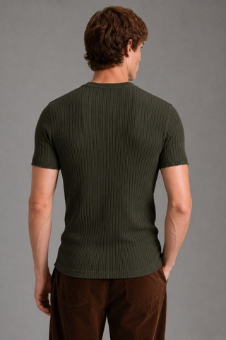 Tarz Cool Erkek Fitilli Likralı Slim Fit Bisiklet Yaka Tişört Haki