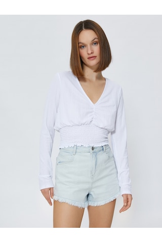 Koton Gipeli Crop Bluz V Yaka Uzun Kollu Beyaz 3sak80105ek