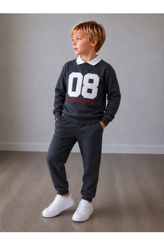 Polo Yaka Nakışlı Erkek Çocuk Sweatshirt & Eşofman Alt Üst Takım Kolej Stili Ve Şıklık Bir Arada Gri
