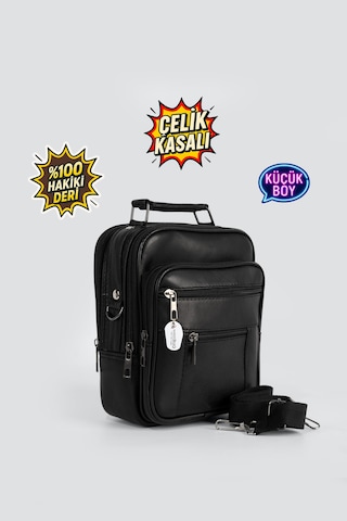 Westbag Erkek Çelik Kasalı Hakiki Deri El Ve Omuz Çantası Ayarlanabilir Askılı Küçük Boy Siyah