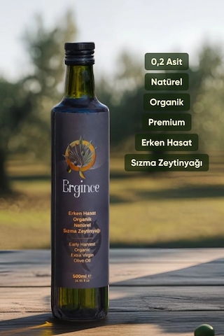 Ergince Organik Erken Hasat Natürel Sızma Zeytinyağı Soğuk Sıkım 0,2 Asit Premium Lezzet 2x500 Ml