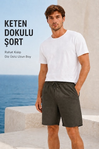 Masion Rae Erkek %100 Haki Keten Şort, Bağcıklı Bel, 3 Cepli, Rahat Kesim, Geniş Paça, Günlük Yazlık Şort