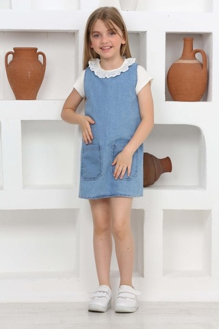Kız Çocuk 2'li Jean Elbise Çift Cepli Jean Elbise+bluz 12203 Mavi