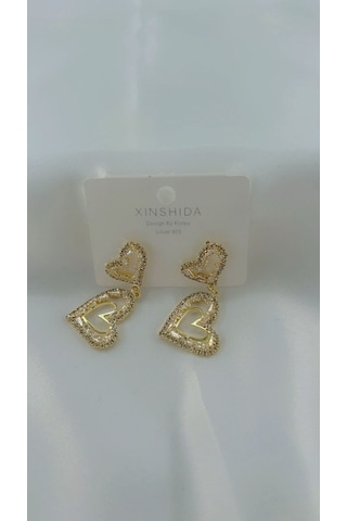 Kadın Kalp Zirkon Model Sallantılı Küpe Gold Renk Gold