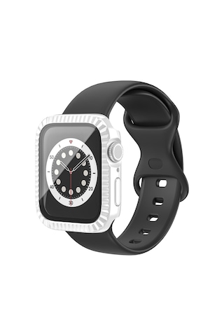 Apple Watch Series 1 / 2 / 3 42 Mm Dokulu Saat Kılıfı Temperli Cam Ekran Koruyuculu Darbeye Dayanıklı Kılıf - Beyaz