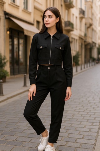 Siyah Gömlek Yaka Fermuarlı Kadın Alt Üst Takım Şık Ve Rahat Günlük Kombin Çok Renkli