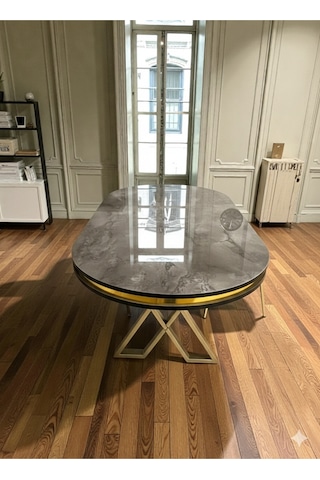 Msy Home İroni Gold/krom Detaylı Lake Panel 90 170 Cm Oval Masa Siyah