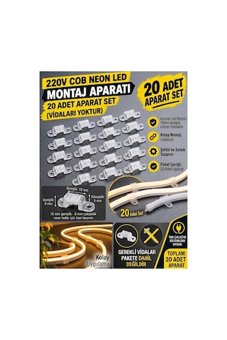 20 Adet Neon Led Tutucu Klips 1 Vidalı Duvar Aparatı,bağlantı Montaj Aparatı,kroşe,plastik Şeffaf Montaj Aparatı 10x6 Mm Cob Led Montaj Aparatı