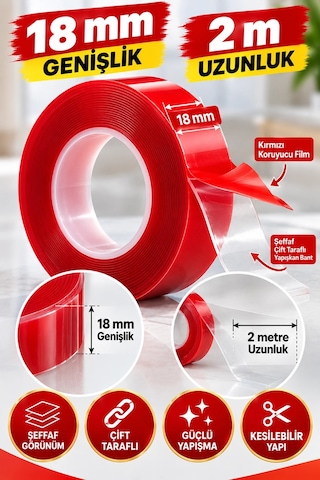 Şeffaf Çift Taraflı Bant 18 Mm X 2 Metre 36 Adet Koli Vhb Akrilik Silikon Güçlü Yapışkanlı Montaj Ba