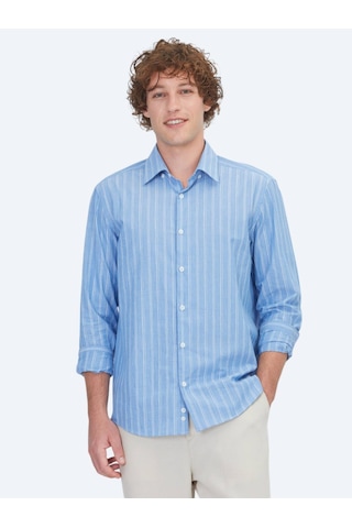 Kip Açık Mavi Çizgili Regular Fit Uzun Dokuma Casual %100 Pamuk Gömlek