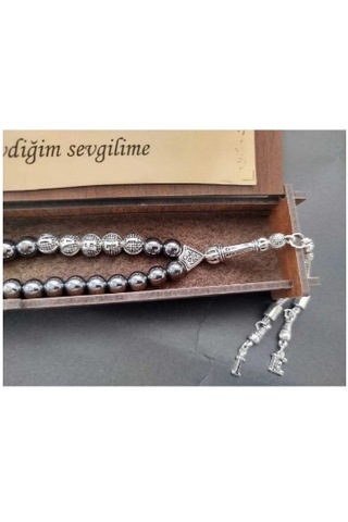 Kişiye Özel İsimli Doğaltaş Hematit Tesbih Harfli Püskül Kutulu Gri