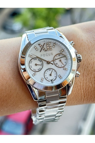 Focus Dual Time Aktif Göstregeler Komple Çelik Spor Şık Kullanıma Uygun Kadın Kol Saati Metalik