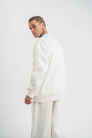Erkek Uzun Kol Bisiklet Yaka 3 İplik Pamuklu Kışlık Sweatshirt - Beyaz Beyaz