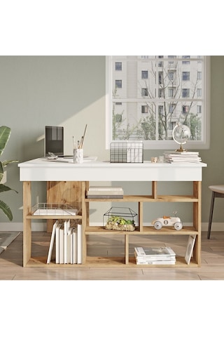 Corner Kitaplık Raflı Çalışma Masası Çam-antrasit Cor5-aw Beyaz - Çam