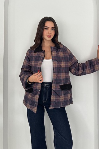 Femelle Kadın Lacivert Kadife Yaka Detaylı Ekose Çıtçıt Düğme Kapitone Astarlı Oversize Mont