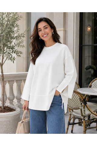 Unika Boutique Kadın Oversize Yırtmaçlı Uzun Kollu Salaş Bluz Beyaz