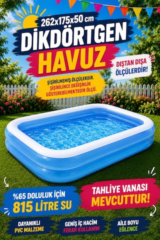 Hak-iş Oyuncak 3'lü Havuz Eğlence Seti 262x175x50 CM Dikdörtgen Şişme Havuz + 30 CM Çift Fonksiyon El Pompası + 5