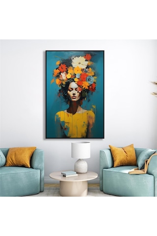 Yağlı Boya Dokulu Tablo Modern Çiçek Saçlı Kadın Siyah Çerçeveli U05011-178963