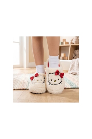 Modafocus Kız Çocuk Kedi Figürlü Peluş Panduf - Beyaz Beyaz