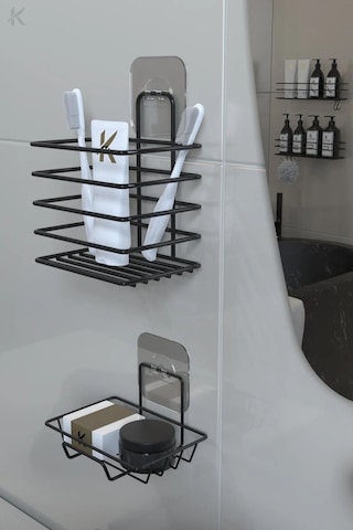 Siyah Paslanmaz Metal Banyo Duvar Organizeri - Yapışkanlı Diş Fırçalık Ve Sabunluk Seti Siyah