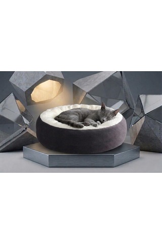 Çift Renk Simit Kedi Yatağı, Küçük Irk Köpek Yatağı, Gri 55cm
