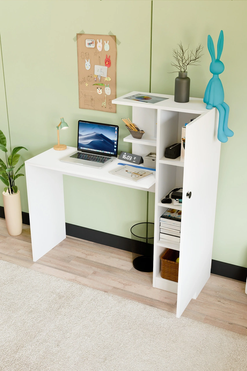 Melsa Çalışma Masası Dolaplı Ve Kitaplıklı Bilgisayar Masası, Çocuk Çalışma Masası Beyaz Beyaz