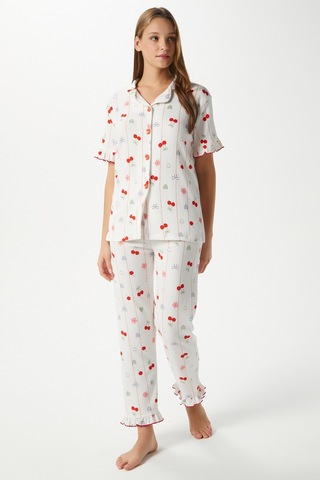 Ritnice Kadın Enda Fırfırlı Kurdela Desen Alt Üst Pijama Takımı