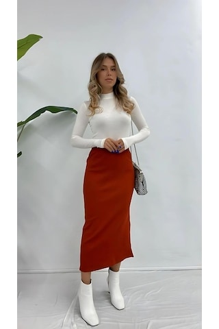 Duygudan Kiremit Renk Yüksek Bel Midi Kalem Etek - Kırmızı
