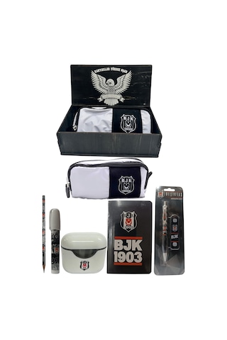 Bjkset098 Beşiktaş Orjinal Lisanslı Beyaz Air Kalemtraş Ahşap Kutulu 6'lı Kırtasiye Seti 03-siyah