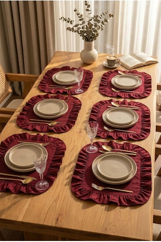 Pamuklu Fırfırlı Kare Supla 6'lı Set Amerikan Servis 33 Cm Supla Bordo