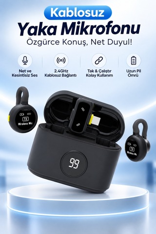 J77 Kablosuz Yaka Mikrofonu 2'li Şarj Kutulu Aı Gürültü Önleyici Type-c Alıcılı Vlog Röportaj Canlı Yayın Mikrofonu