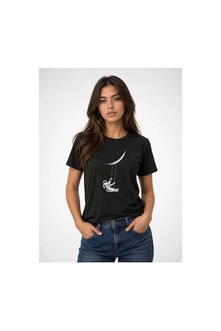 Butik İstanbul Astronot Ay Temalı Tişört Kısa Kol Yazlık Bisiklet Yaka T-shirt - Siyah