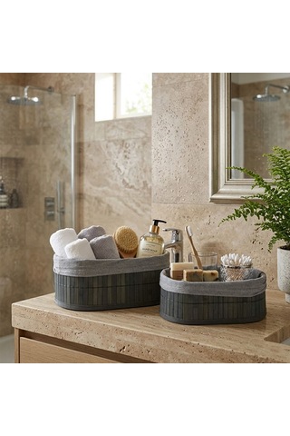 Bambu Kenarlı Oval Organizer Sepet Ahşap Tabanlı, Bezli 21x14-25x16 Cm Çok Renkli