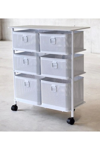 Metal Tekerlekli Paslanmaz Sebzelik 6 Bölmeli 3 Katlı Beyaz Beyaz