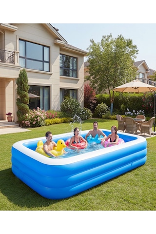 262x175x70cm Şişme Havuz 3 Katmanlı Büyük Boy Dikdörtgen Yüzme Havuzları Aile Ve Çocuklar İçin Tatil Şişme Havuzu Açık Mavi
