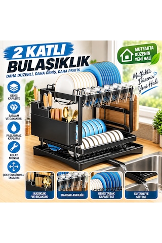 2 Katlı Tezgah Üstü Tepsili Bulaşıklık Tabaklık Kurutmalık Bardaklık Çatal Kaşık Bıçaklık Mutfak Organizeri Beyaz - Siyah