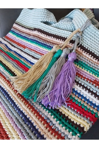 Kemzey Handmade Çizgili Büyük Kol Çantası , El Yapımı Örgü Çanta Yeşil - Kırmızı