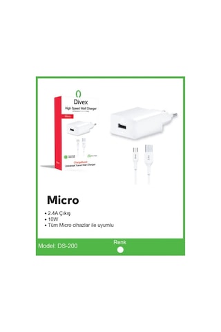 Divex Micro Usb Kablo - Adaptör 2.4a Ev Tipi Şarj Aleti Ds-200