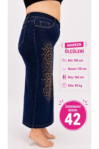 Zanessi Fashıon Büyük Beden Denim Lepar Baskılı Kalem Etek Lacivert