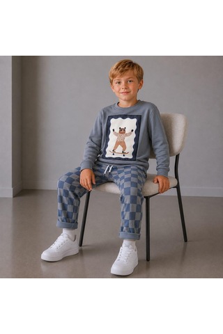 Kaykaycı Ayı Baskılı Sweatshirt Ve Dama Desenli Pantolon 2iplik Erkek Çocuk Alt Üst Takım Gri
