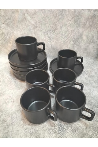 Keramika 8 Cm Stackable Çay Fincanı Mat Siyah 6 Kişilik Mat Siyah