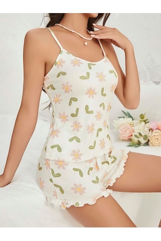 Motto10 Butik Kadın Ekru Çiçek Baskılı Şortlu Gecelik Pijama Takımı 5047