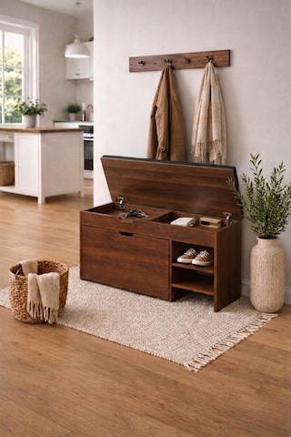 Pureza Puflu Oturmalı Kapaklı Ayakkabılık Çok Amaçlı Giriş Ünitesi 50cmx80cm Koyu Ceviz